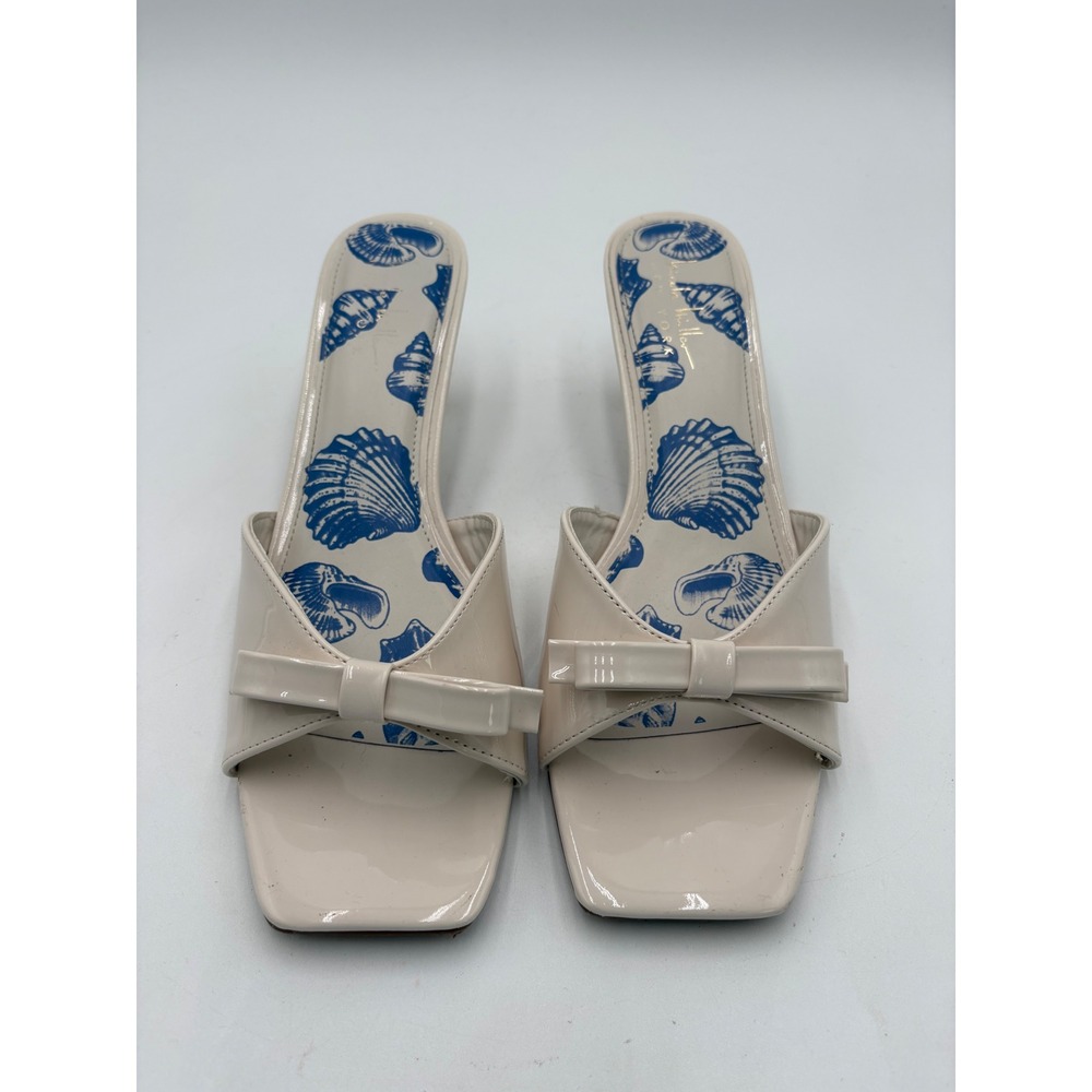 Nicole Miller New York NM-DORRY Cream Patent Bow Square Toe Mules Heels 10